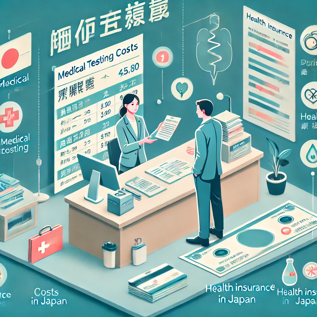 DALL·E 2024 12 03 16.00.44 An educational illustration explaining the costs of medical testing and health insurance in Japan. The image features a Japanese clinic setting with a